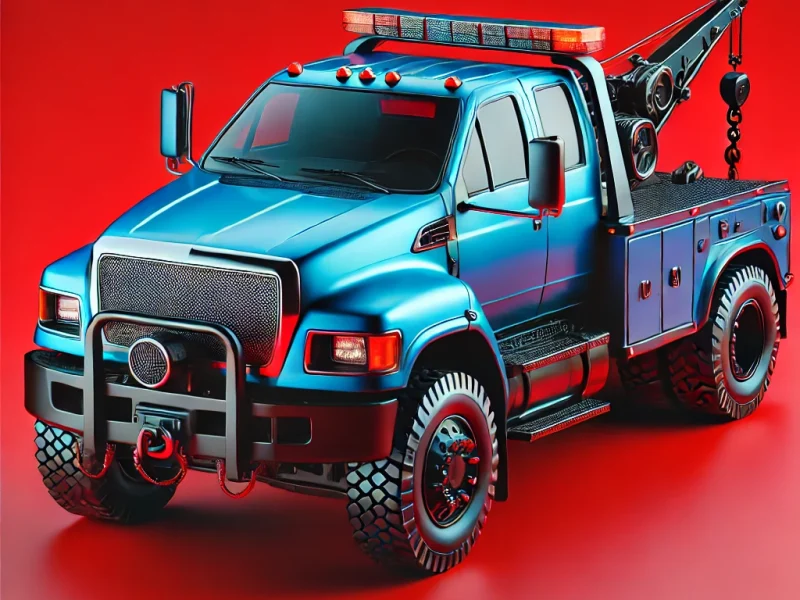 DALL·E 2024-09-30 10.51.05 - A blue towing truck with detailed features parked against a bold red background. The truck has a sturdy build with large tires, a winch on the front,